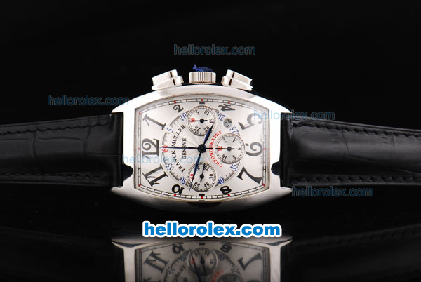 Frank Muller Casablanca Swiss Valjoux 7750 Chronograph Movement White Dial with Black Numeral Marker and Black Leather Strap - Click Image to Close